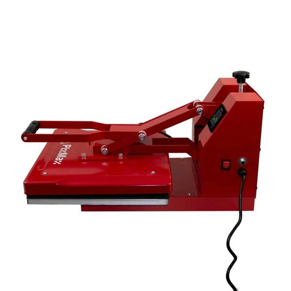 PixMax T-Shirt Sublimation Heat Press Machine in red, featuring a 38cm x 38cm clam design, sturdy handle, and digital control panel