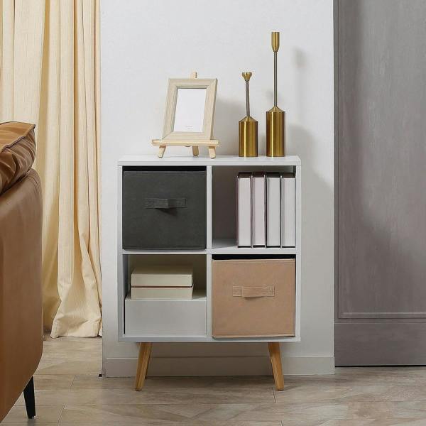 White 4-cube storage cabinet with black and tan fabric drawers and wooden legs