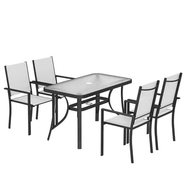 Garden Dining Set for 4 with Umbrella Hole, Stackable Chairs and Rectangular Glass-Top Outdoor Table, Light Grey