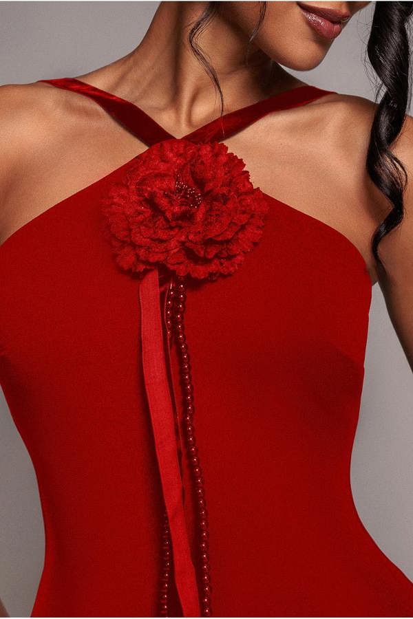 Racer Neck Corsage Scuba Maxi - Red DR4053
