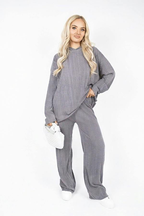 Zayana Hooded Ribbed Oversized Top And Wide Leg Lounge Co-ord Set - Charcoal