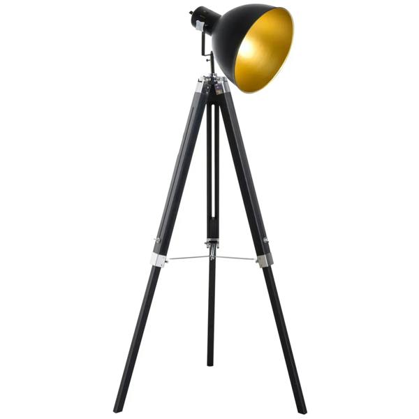 Tripod floor lamp with black legs and gold spotlight shade