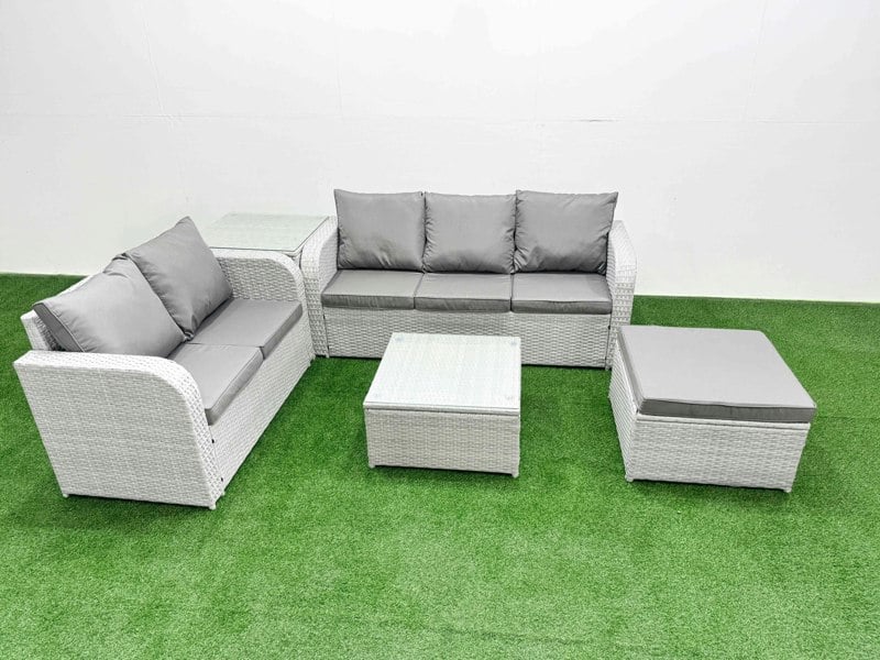 Fimous 6 Seater Rattan Garden Furniture Patio Conservatory Sofa Set with Square Coffee Table 3 Seater Sofa Love Sofa Big Footstool Side Table