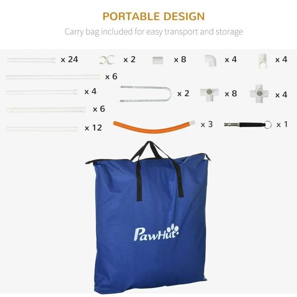 Portable dog agility set carry bag with included parts and hardware pieces shown