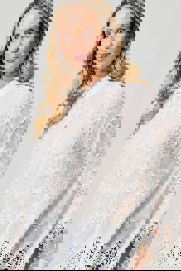 White | Embroidered Lace Long Sleeve Shirt
