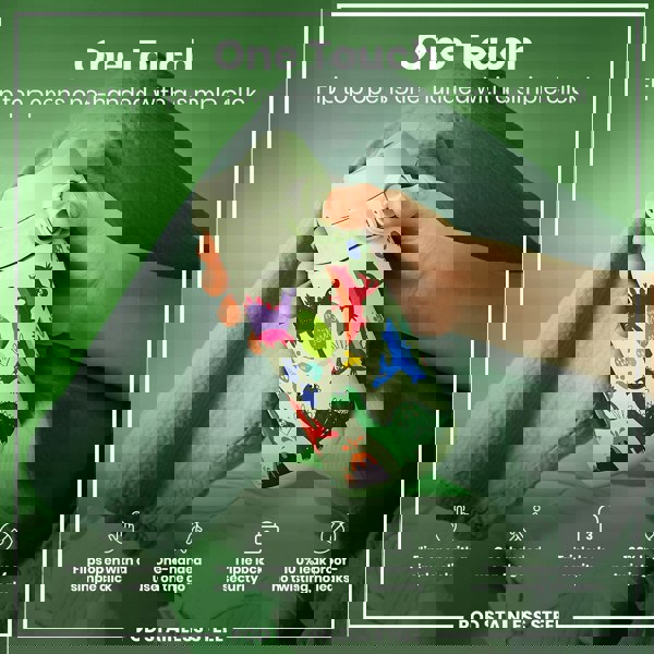 A light-green, dinosaur-decorated water bottle is held; its flip top opens one-handed. The bottle is being shown against a green background. "One Touch," "Flip top opens one-handed with a simple click," "Flips open with a simple click," "One-handed use on the go," "Triple lock security," and "100% leak proof - no twisting, no leaks," "POD STAINLESS STEEL" are written.