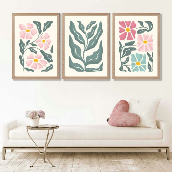 Set of 3 Boho Pink Green Floral Framed Art Prints with Oak Frames