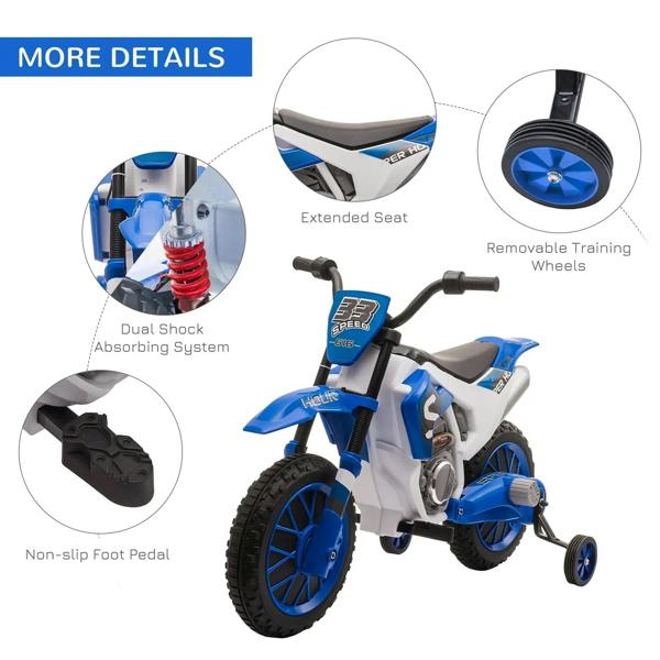 Blue kids electric ride-on motorcycle with extended seat and removable training wheels