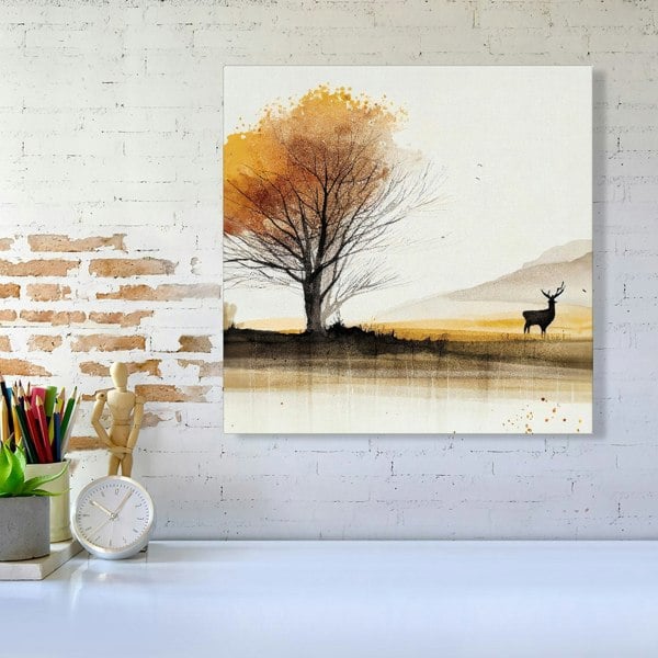 Warren Reed Autumn Landscape Stag Watercolour Canvas