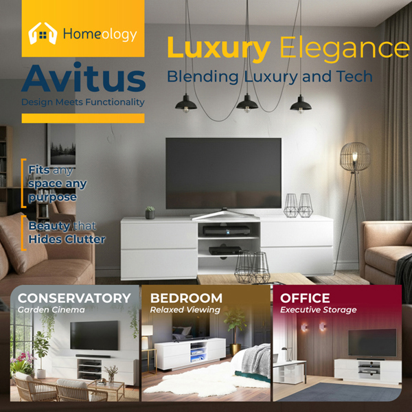 Homeology Avitus Premium High Gloss White with 4-White Drawers and 3-Shelf 32"-65" LED/OLED/LCD TV Cabinet