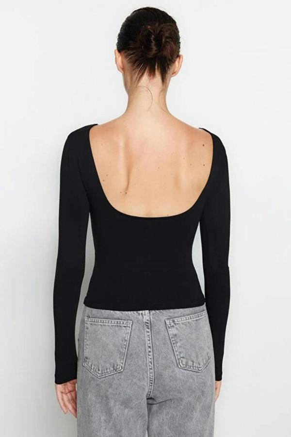 Hoxton Gal Cotton Stretch Fitted Knit Blouse with Open Back Detail