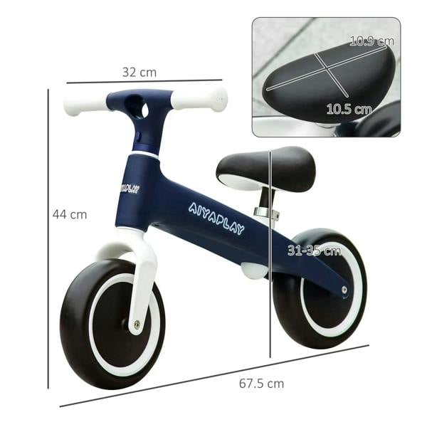 Blue balance bike with black seat and white wheels, side view with size dimensions