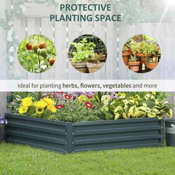 Green square raised garden bed with mixed herbs and flowers, open-top slatted sidewalls