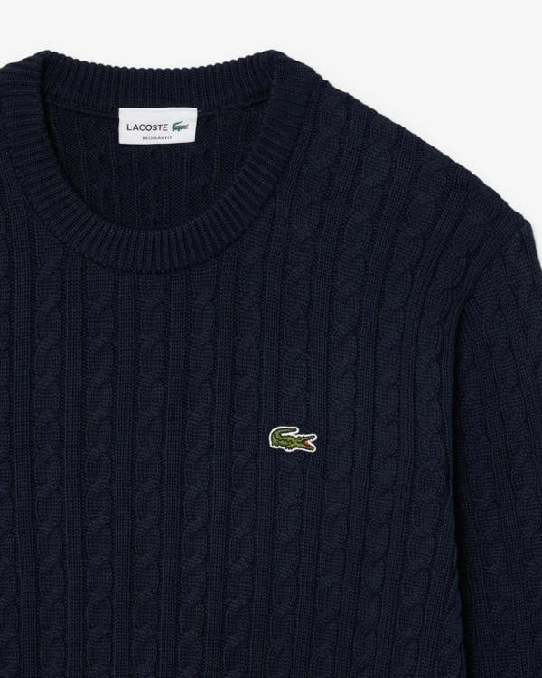 Lacoste Cable Knit Mens Cotton Jumper - Navy Blue/Green 802