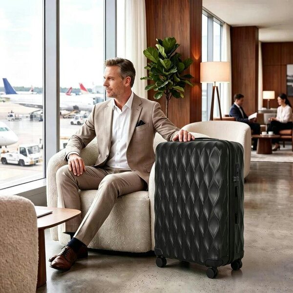 28Inch Suitcase, ABS Hard Shell Checked Luggage with TSA Lock, Spinner Wheels, Telescopic Handle, Black