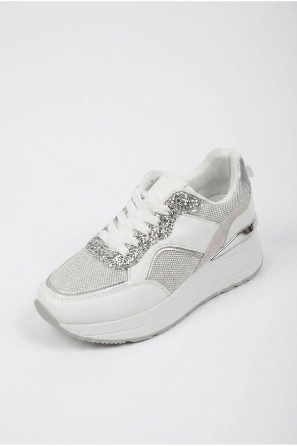 Chloe Womens Glitter Panel Platform Trainers - Silver