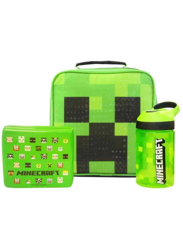 Minecraft Boys Green Creeper Lunch Bag Bottle and Snack Pot (One Size)