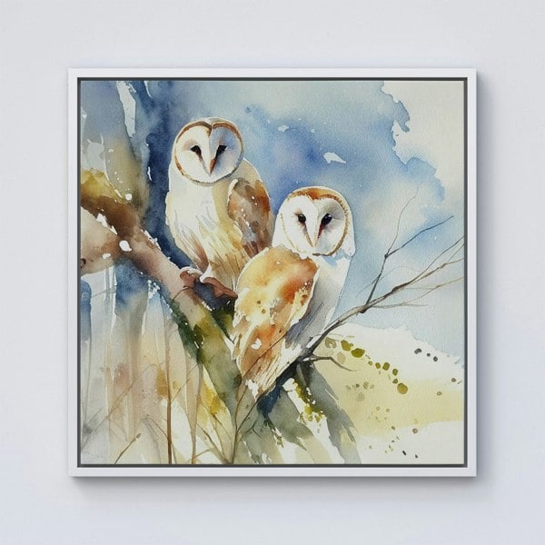 Warren Reed Barn Owls Watercolour Framed Canvas