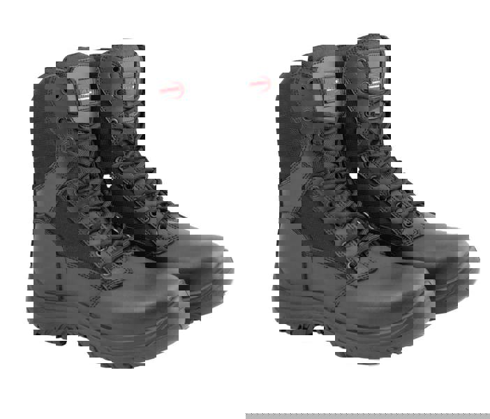 ARMA Warrior Mens Side Zip Combat Steel Toe/Midsole S3 Safety Boots, black steel toe work boots with side zipper and rugged sole for safety and durability.