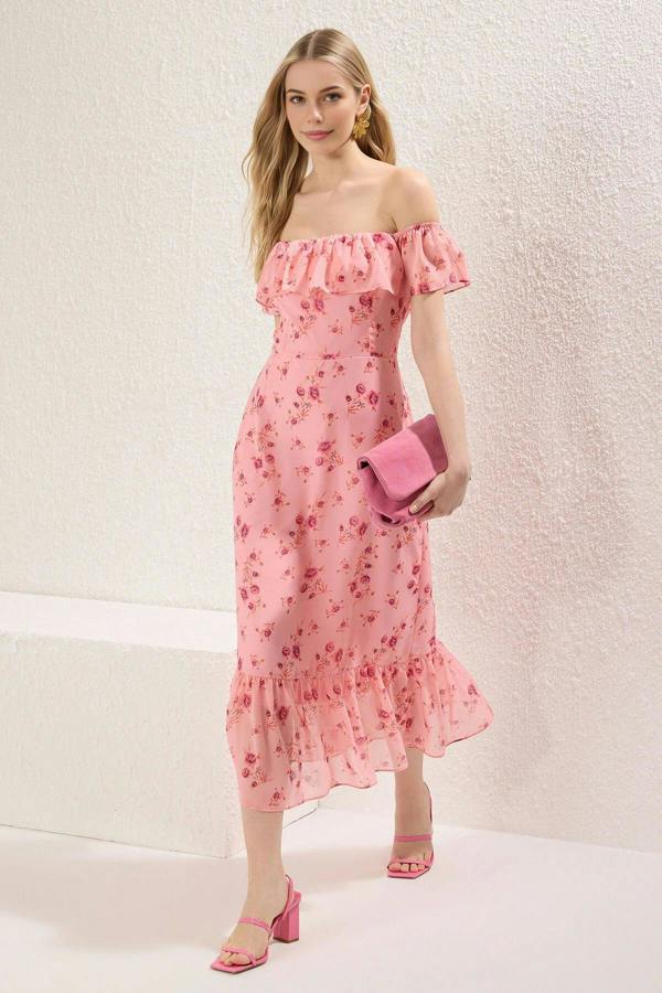 WOVCOR Floral Ruffled Chiffon Flowy Woven Midi Dress