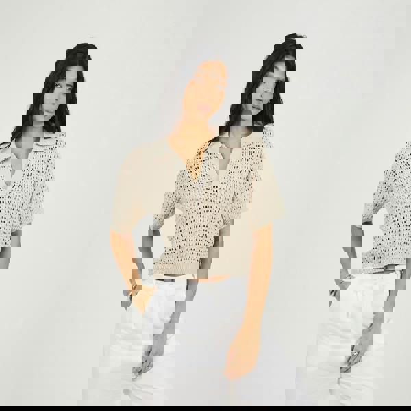 Brave Soul Stone Pointelle Knit Collared T-Shirt - Stone Image 1