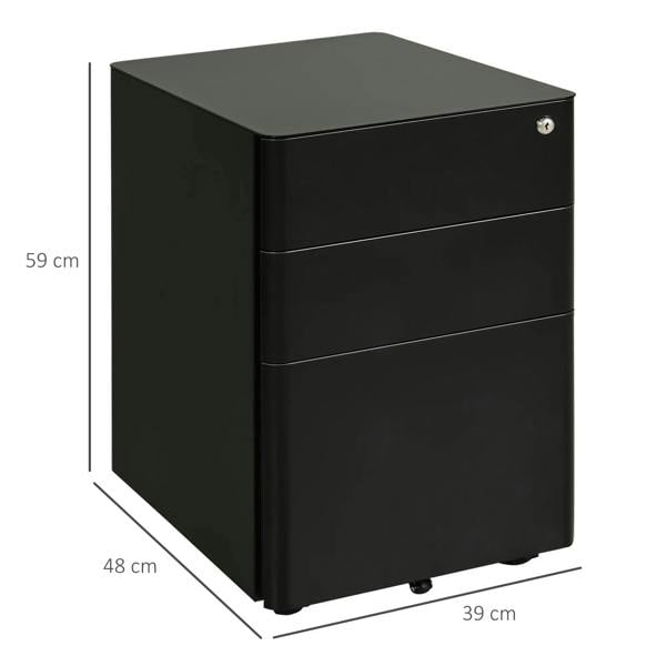 Black lockable rolling filing cabinet, three-drawer steel cabinet with smooth top