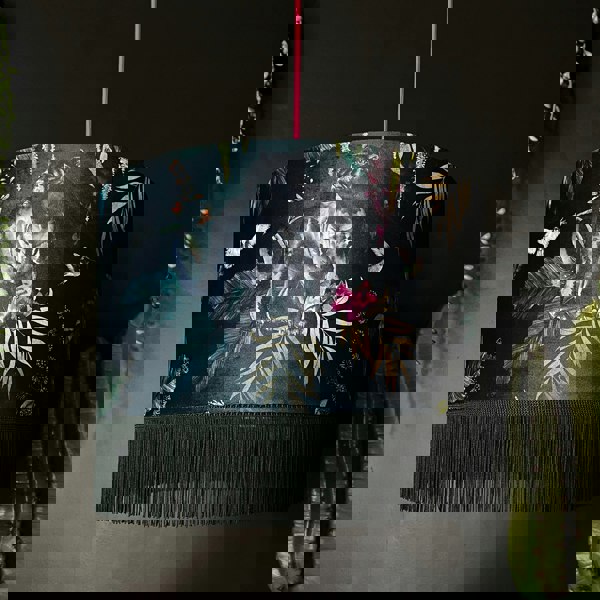 Handmade Fringed Velvet Lampshade in Wild Wood Green and Hunter Green Fringing