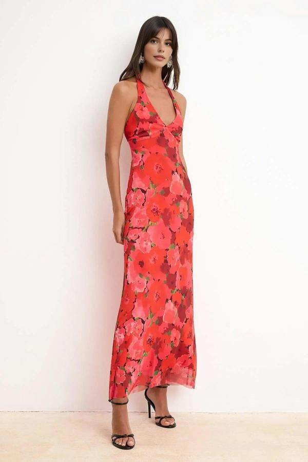 WOVCOR Floral Knitted Tulle Maxi Evening Dress