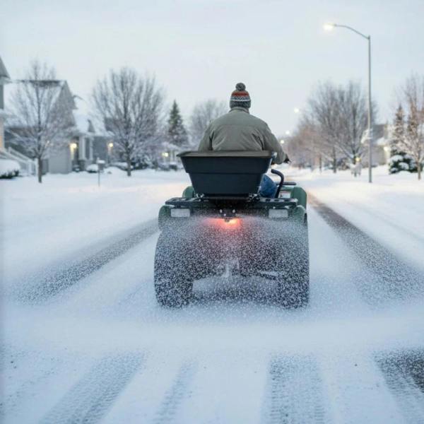 ATV mounted spreader in winter, dispersing material on snowy road, with a person wearing a winter coat and hat driving