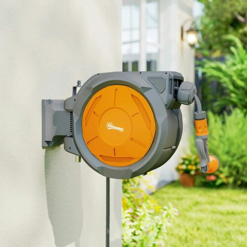 Bobobiy Retractable Hose Reel Wall Mounted, 30+2m Garden Hose Pipe Reel with Lock, 7 in 1 Spray Nozzle, 180° Swivel, 59 x 23 x 42 cm, Orange