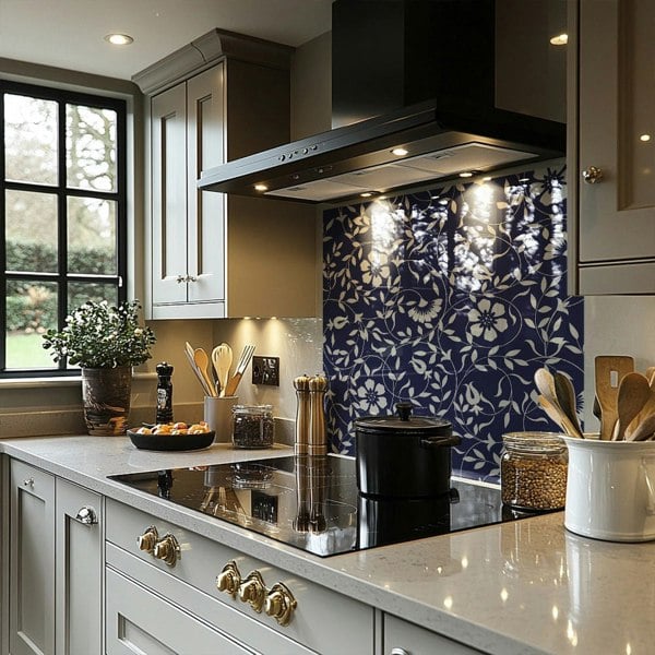 Benjamin Tate Design White Flowers On Navy Splash Back