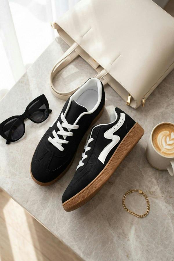 Poppy Womens Retro Stripe Gum Sole Trainers - Black