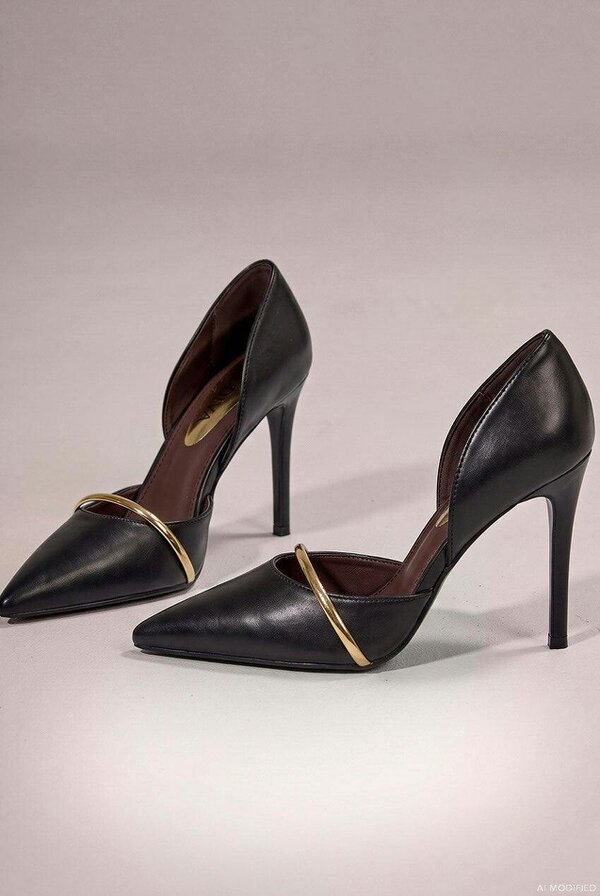 Goddiva Pointed Toe With Gold Strap Stiletto High Heel - Black by Goddiva