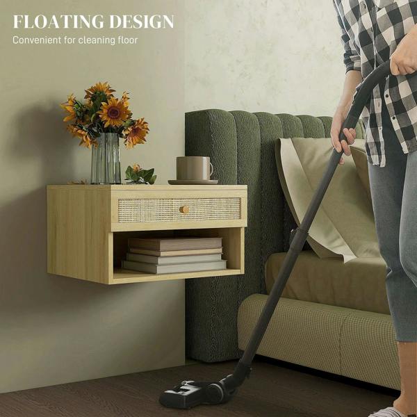 Natural wood-effect floating bedside table with rattan-front drawer and open shelf