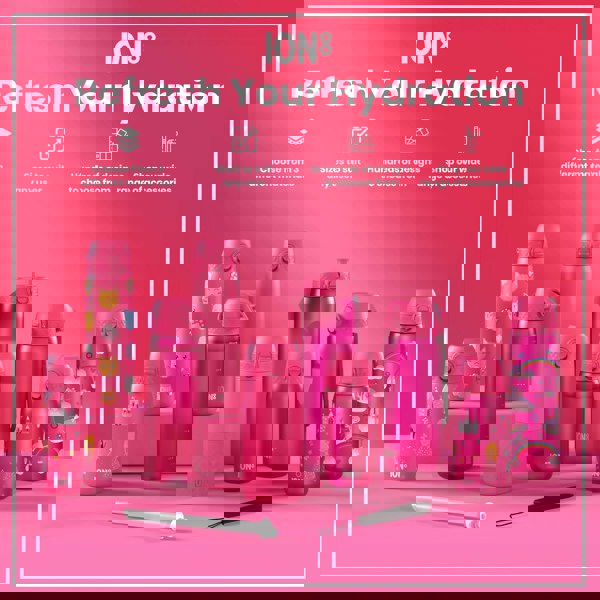 Pink ION8 water bottles, various sizes and designs, are displayed on a pink surface with accessories. Refresh Your Hydration. Choose from 3 different materials. Sizes to suit any user. Hundreds of designs to choose from. Shop our wide range of accessories.