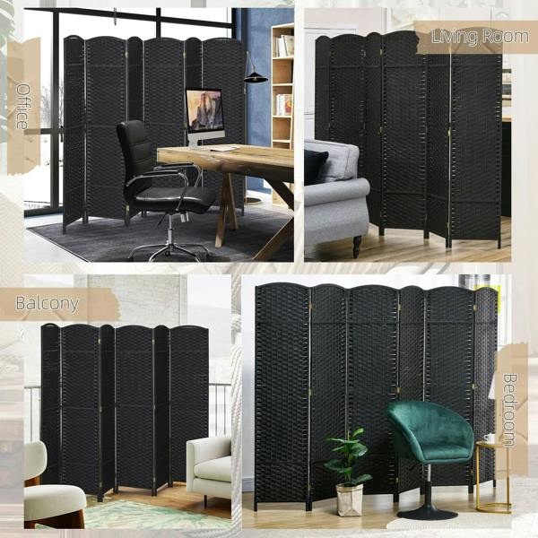 Black 6-panel folding room divider privacy screen shown in multiple room angles