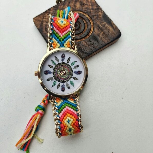 The Colourful Aura Boho Mandala Dial Jute Braided Bracelet Wrist Watch for Women