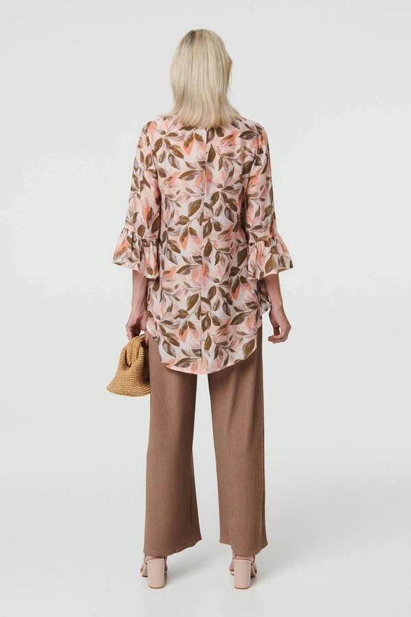 Pink | Leaf Print 3/4 Flared Sleeve Blouse