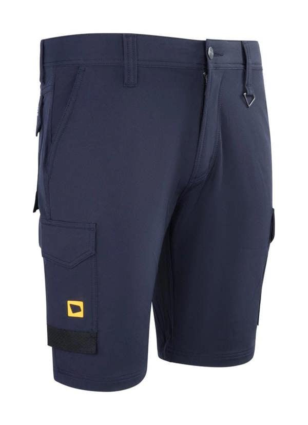 JCB 4-Way Stretch Mens Premium Cargo Work Trade Shorts, navy blue shorts with multiple pockets, including a cargo pocket on the thigh with a yellow logo, designed for durability and comfort in work environments.