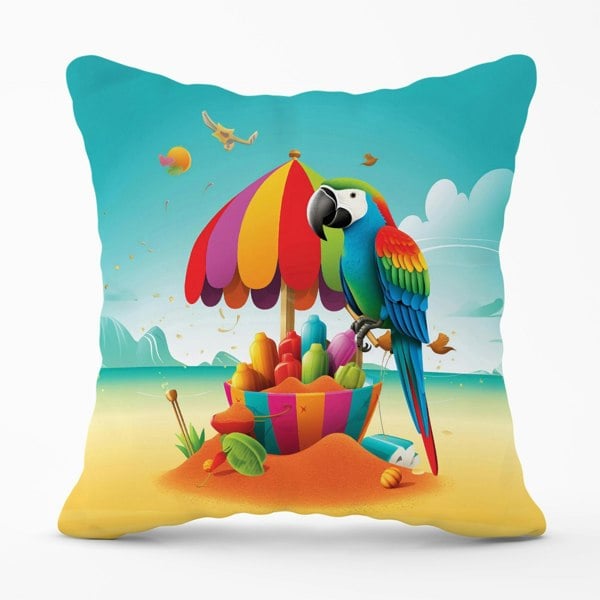 Warren Reed Parrot On A Beach Holiday Cushions