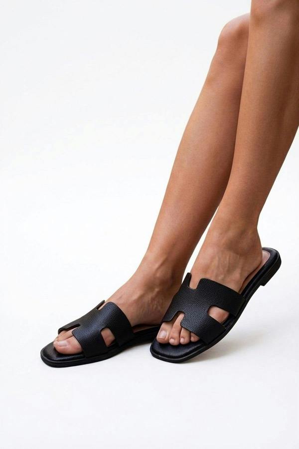 Aria Womens H-Strap Flat Slide Sandals - BLACK_wb
