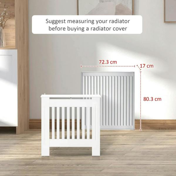 White slatted radiator cover cabinet with height and width measuring guide overlay