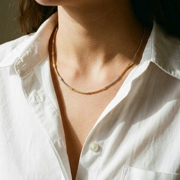 The Colourful Aura 18ct Gold Plated Dual Tone Textured Bead Snake Chain Necklace 17 Inch