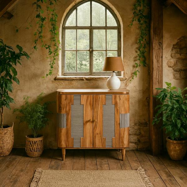 Wyld Haus Idaho Natural Acacia Wood and Brass 2 Door Cabinet