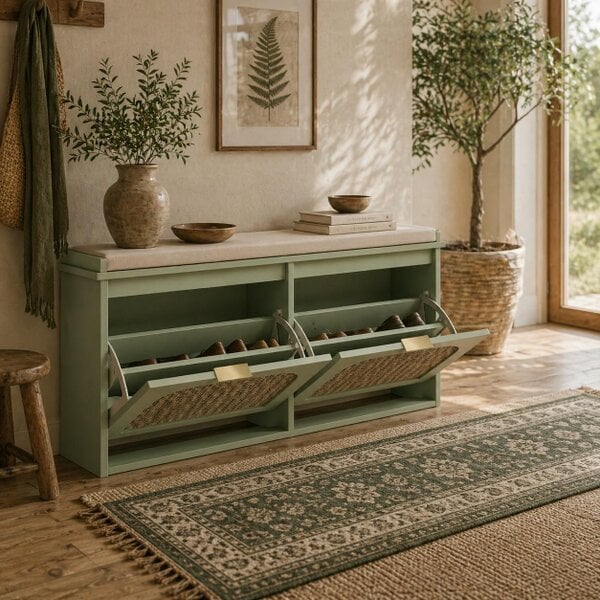 Wyld Haus Rika Wooden Light Green Boho Style Shoe Bench With Cushioned Seat And 2 Flip Drawers
