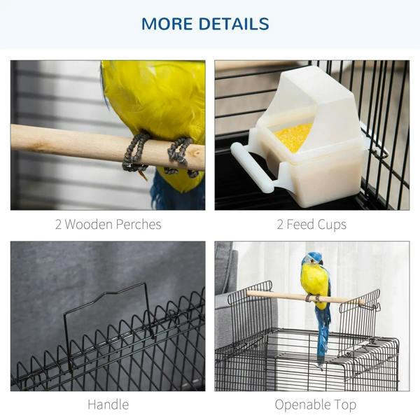 Black birdcage accessories: wooden perches, feeder cups, handle and openable top
