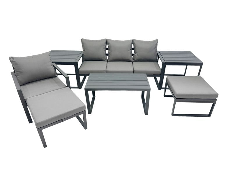 Fimous 6 Seat Outdoor Garden Furniture Set Aluminium Lounge 3 Seat Sofa Oblong Coffee Table Sets with Chair 2 Big Stools 2 Side Tables Dark Grey