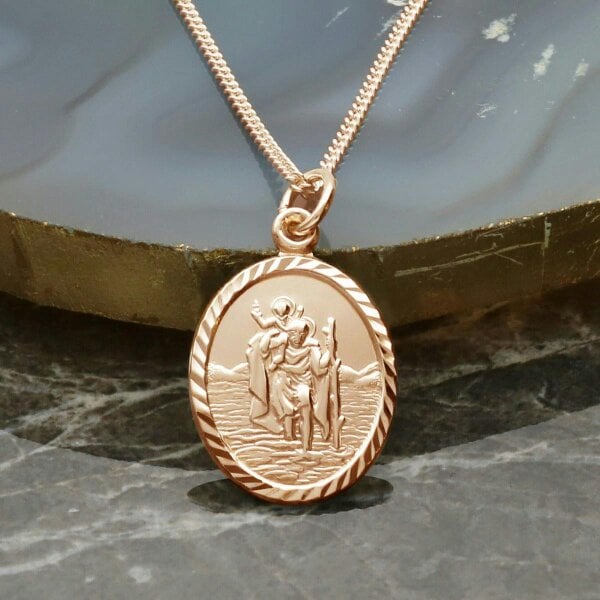 Christopher James of London 9ct Rose Gold Plated Diamond Cut Oval St Christopher Pendant With Optional Engraving and Chain
