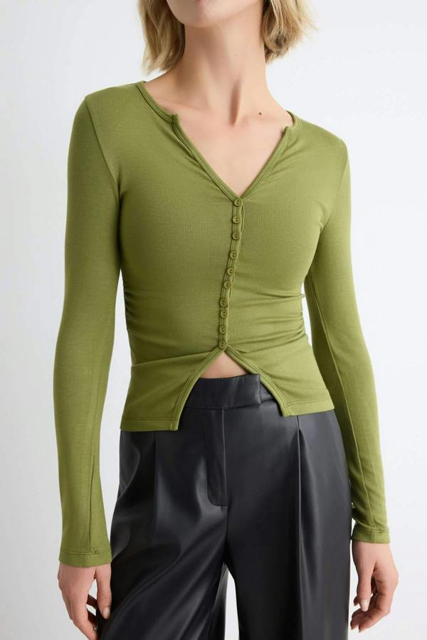 WOVCOR Fitted V Neck Button Front Long Sleeve Blouse