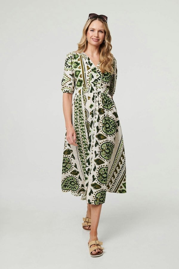 Green | Printed 1/2 Sleeve A-Line Midi Dress
